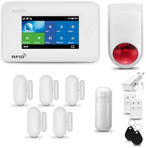 HUXGO® HXA006 Funk Alarmanlage Set WiFi + GSM 4G mit Solar-Alarmsirene | Alarm System mit Bewegungsmelder, 5X Fensteralarm/Türsensoren | Alarmanlage fürs Haus, Wohnung, Wohnmobil | Smart Home