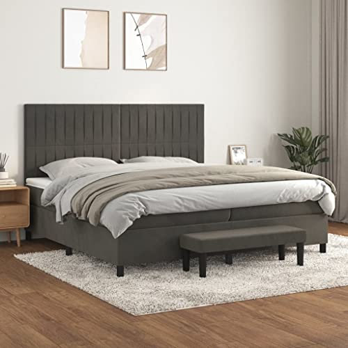 Homgoday Boxspringbett mit Matratze Polsterbett Doppelbett Einzelbett Bett mit Lattenrost & Bettbank Gästebett Bettgestell mit Kopfteil Vertikale Streifen Dunkelgrau 200x200 cm Samt