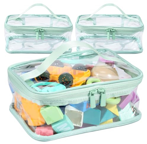 Lot de 3 sacs de rangement de jouets en PVC transparent avec fermeture éclair et poignée – Sacs de rangement réutilisables pour jeux de société, 21,6 x 15,2 x 8,9 cm, imperméables pour blocs de