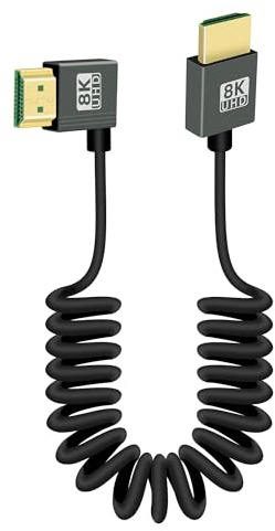 RIIEYOCA 8K 90 Grados HDTV a HDTV Cable en Espiral Corto, ángulo Derecho 48Gbps de Alta Velocidad HDTV2.1 Soporte 8K @ 60Hz, Compatible con Videocámaras, Monitores (Derecha)