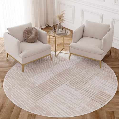 TAPISO Crystal Rund Teppich Kurzflor Glänzend Beige Braun 160 x 160 cm | Streifen Geometrisch 3D Effekt Wohnzimmer Schlafzimmer Modern Design OEKO-TEX