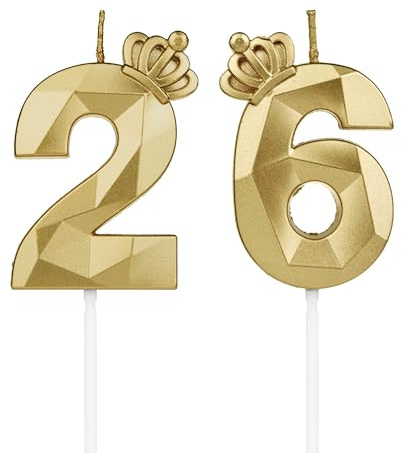 DTXLX Numéro 26 bougies d'anniversaire, en forme de chiffre 26, Dorée avec couronne, pour gâteau, décoration d'anniversaire, pour fêtes, mariages, fêtes d'entreprise, jubilés