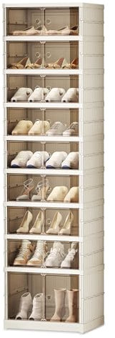 Lacusmall Foldable Shoe Storage Box with Wheels, 9 Layers Plastic Stackable Shoe Cabinets with Magnetic Doors, Large Sturdy Integraed Shoe Rack for Living Room, No Assembly(White, 9 Tiers -18 Pairs)