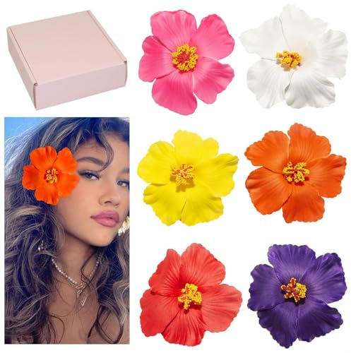 Kabwea Lot de 6 barrettes à cheveux en forme de fleurs hawaïennes, hibiscus, pinces à cheveux en forme de fleur