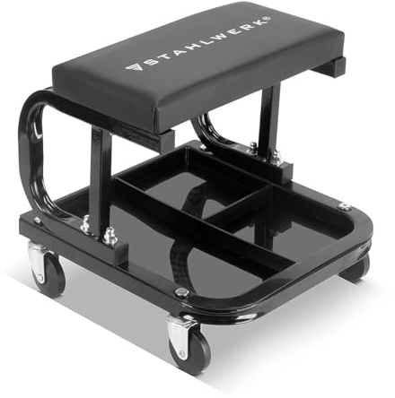 STAHLWERK WRS-35 ST Tabouret d'atelier avec une capacité de charge de 136 kg - Siège d'atelier - Tabouret à roulettes - Siège d'atelier avec roulettes pivotantes et compartiments de rangement