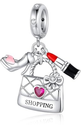 Alstiva High Heels, Einkaufstasche und Lippenstift Charm-Anhänger 925 Sterling Silber 5A Zirkonia Charm Anhänger für Armband Charm Bead Pendant für Europäische Armbänder Halsketten Schmuck Damen