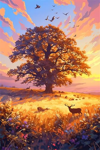 Malen Nach Zahlen Erwachsene Reh Malen Nach Zahlen Baum Paint by Numbers Anfänger kinder, DIY Handgemalt Ölgemälde Leinwand Kits mit Pinseln Acrylfarben Bastelset, Home Deko, Frauen Geschenk 90x120cm