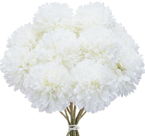 Minnhua 12 Stück Kunstblumen Wie Echt, Steckblumen Seide, Hortensien Kunstblumen, Fake Blumen Chrysantheme Pompon Künstliche Blumen für Hausgarten Party Büro Dekoration, Braut Hochzeitssträuße (Weiß)
