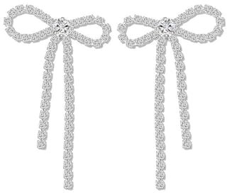Silber 925 Schleifen- und Strass-Tropfen-Ohrstecker für Damen mit Knoten-Design - Hypoallergene Glitzer Ohrringe