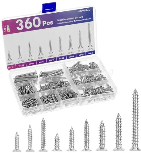 QWORK® Stainless Steel Self Tapping Screws Assortment, 360 PCS - M3/M4/M5 Sizes, 304 Stainless Steel, Countersunk Wood Screws with Storage Box