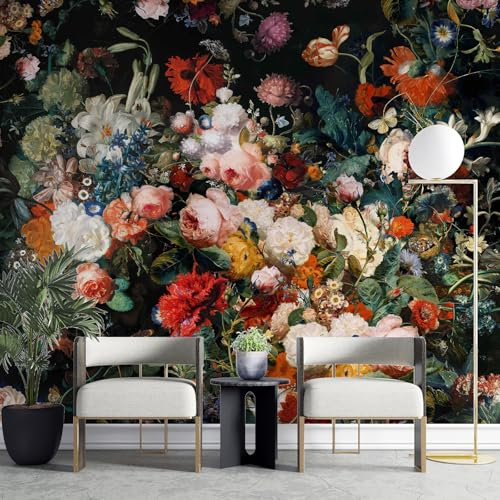 Carta da parati 3D con fiori scuri colorati, 375 x 250 cm Fotomurali, autoadesiva, motivo floreale grande, per camera da letto, soggiorno, bagno, ufficio