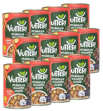 VUTTER Nassfutter Wie Rind, 12x400 g: Hundefutter Vegan - Alleinfutter für Hunde - Fleischähnlich für hohe Akzeptanz - Sojaprotein für Muskeln, Zink für Haut & Fell, Kalzium für Zähne & Knochen