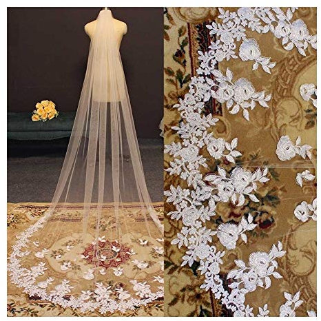 Brautschleier, Wunderschöner Langer Spitzen-Hochzeitsschleier, weicher Tüll-Brautschleier mit Kamm, Weiß, Elfenbein, Einlagiger Schleier, Brautaccessoires, wunderschöner