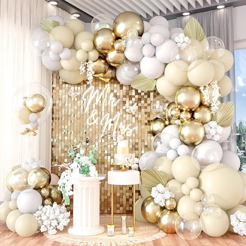 128PCS White Sand Gold Balloons Arch Kit, Nude Bridal Shower Balloon Garland with Metallic Gold Balloons for Bachelorette Bride to be Boho Wedding Baby Shower Birthday Graduation Hen Party Decorations