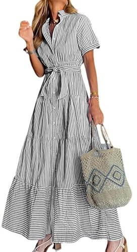 utcoco Womens Casual Short Sleeve Button Down Tie Waist Ruffled Striped Maxi Shirt Dress (Small, Black)