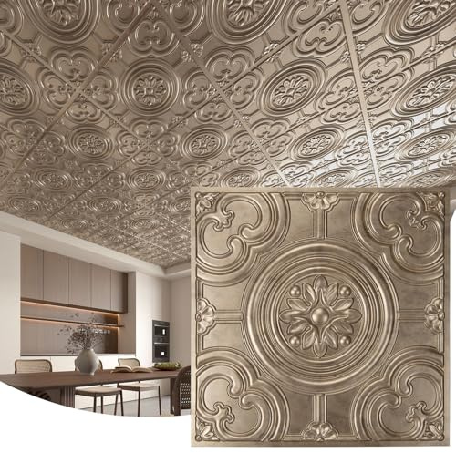 WOWSTAR 12-Pack 24x24 Drop Ceiling Tiles, Waterproof Glue up Ceiling Panels, Antique Gold