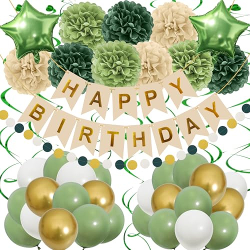Recosis Retrogrün Geburtstagsdeko, Happy Birthday Banner mit Pompoms Papier Girlande Wimpel Spiral und Luftballon Kindergeburtstag für Mädchen Junge Mann Frauen Geburtstags Dekorationen