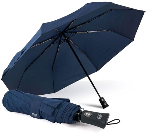 PERLETTI Ombrello Pieghevole Antivento Uomo - Ombrellino Compatto Resistente Ultra Leggero Adulto - Ombrello Apertura e Chiusura Automatica da Viaggio - Diametro 104 cm (Blu Navy)