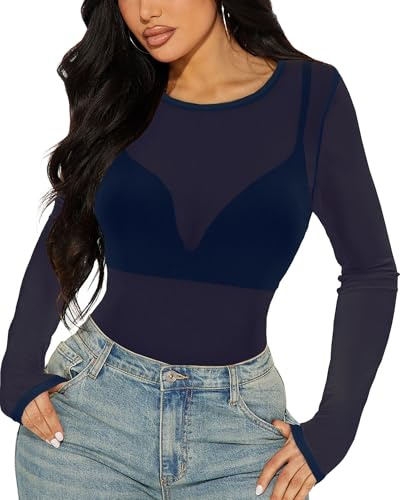 Womens Mesh Top Long Sleeve See Through Blouse Sheer Shirt(NYBL,XL)