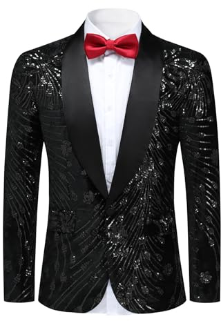 YFFUSHI Blazer da Uomo con Paillettes Giacca da Abito di Lusso Slim Fit Giacca da Smoking Scintillante Eleganti Festa, Nero, S