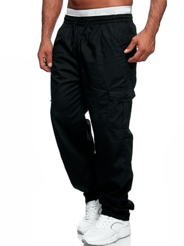 Casuayaloo Mens Cargo Trousers Combat Work Casual Jogger Tracksuit Bottoms Drawstring Waist Pants with Pockets Black Medium