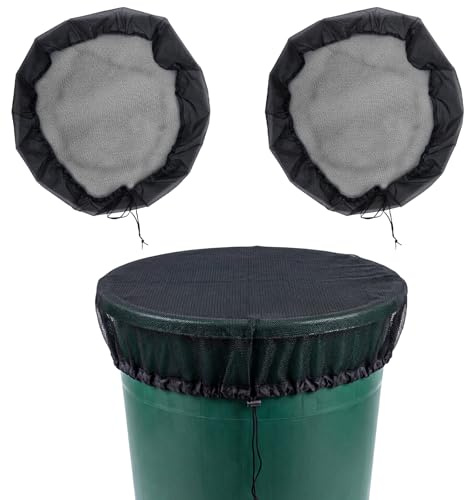 2 PCS 39in Mesh Cover for Rain Barrels, Fine Mesh Filter Screens with Adjustable Drawstring, Reusable Outdoor Garden Rain Barrel Accessories, Effective at Blocking Leaves, Debris (Black)
