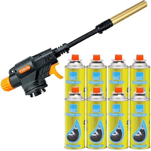 Thrink Professional Butane Torch with Flexible Hose & Stainless Steel Nozzle, Adjustable Flame Blowtorch for Kitchen, BBQ Searing, Camping Fire Lighting Plumbing (Torch + 8 Refills)