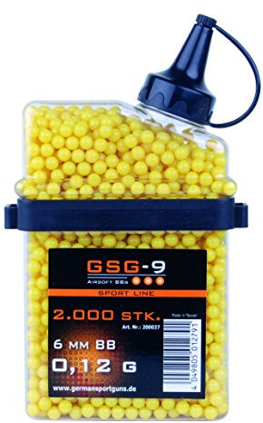0,12g GSG-9 BBS Kaliber 6mm 2000 Stück gelb Airsoft Kugeln Softair Munition Softairkugeln Airsoft Patronen Softgun Kugeln für Softairpistolen Airsoftgewehre Luftgewehr Softairwaffe