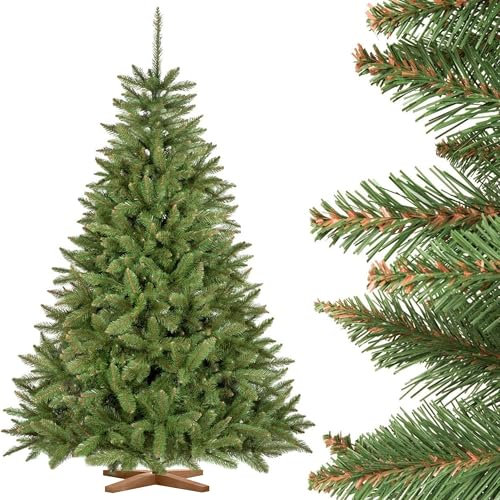 Albero di Natale artificiale FairyTrees 180cm Abete Rosso/Peccio naturale con supporto in legno | Abete di Natale artificiale con tronco verde | Facile da Montare | Prodotto in EU