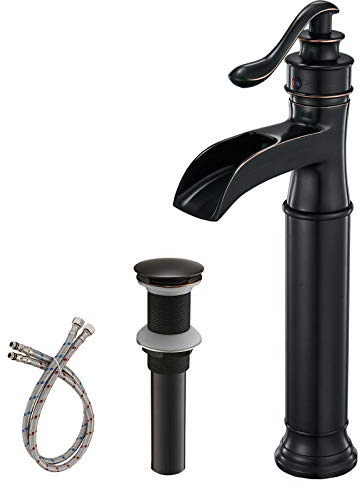 BWE Waterfall Spout Oil Rubbed Bronze Bathroom Faucet Single Handle One Hole Vessel Sink Faucet ORB Lavatory Faucets Deck Mount Tall Body Commercial