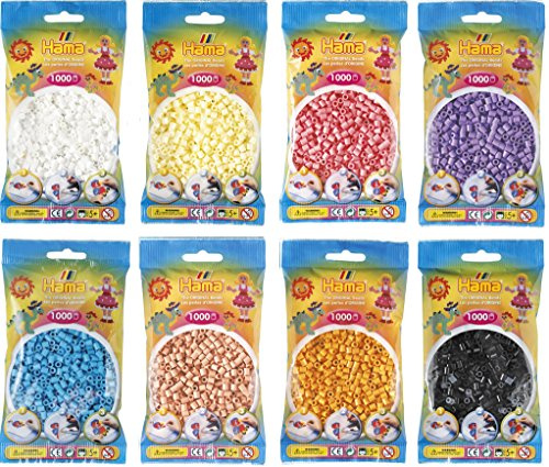 Hama Happy Price Toys Midi-strykpärlor (Kon-16) i paket med 8 färger (vit, kräm, ljusröd, svart, hudfärger, pastellila, azurblå, nallebjörnsfärg) + strykinstruktioner med 3 designmallar