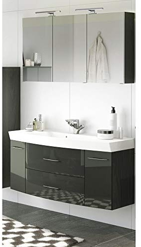 Lomadox Badezimmer Waschtisch Spiegelschrank Set in Hochglanz grau 120cm Waschtisch & Unterschrank Waschbecken 3D Spiegelschrank & LED-Leuchten Steckdose