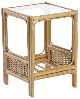 Desser Vale Lamp Table with Storage Shelf – Glass Top Side Table with Natural Wicker Rattan Cane Frame – Light Oak Finish Indoor Conservatory or Living Room Furniture – H58cm x W40cm x D40cm