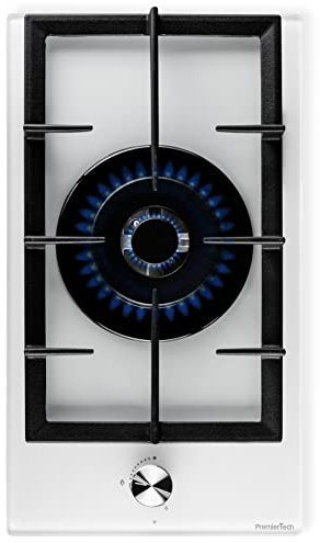 PremierTech PC301GW Piano Cottura a Gas 1 Fuoco 30cm Vetro Bianco Modulo Domino da Incasso Zona Mono Bruciatore Griglie in Ghisa Compatibile Metano e GPL Compatto per Casa Camper Cucine Piccole