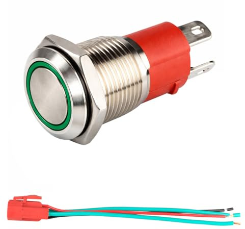 GUUZI 12V-24V/15A Pulsador Momentáneo NO Luz LED Verde Impermeable Pulsador de Arranque de Metal Iluminado de 16mm con Cable de Enchufe