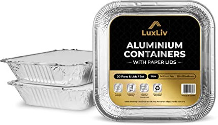 LuxLiv ® Contenitori in alluminio da 500 ml per alimenti, con coperchio, ideali per la preparazione pasti, cottura al forno, conservazione e asporto (confezione da 20)