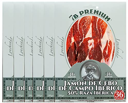 Pata Negra iberico Ham | Made From Grain Fed 50% Iberico Pigs | Jamon iberico Cebo de Campo | 7 BELLOTAS Guijuelo (Sliced 6 X 80 gr.)
