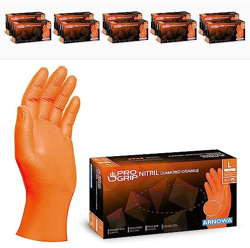 PROGRIP Einweghandschuhe Diamant Grip, Orange, Einmalhandschuhe Extra Stark, Nitrilhandschuhe Gr. L, 2x dicker, Handschuhe Einweg, Arbeitshandschuhe für Werkstatt & Montage, 500 Stück (10x50 Stk)