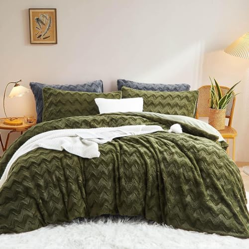 Lanqinglv Ropa de Cama de Felpa de 135 x 200 cm, Color Verde, Pelo sintético Mullido, Ropa de Cama de Invierno, cálida y acogedora, Franela de Forro Polar, Funda nórdica con Cremallera y 1 Funda de