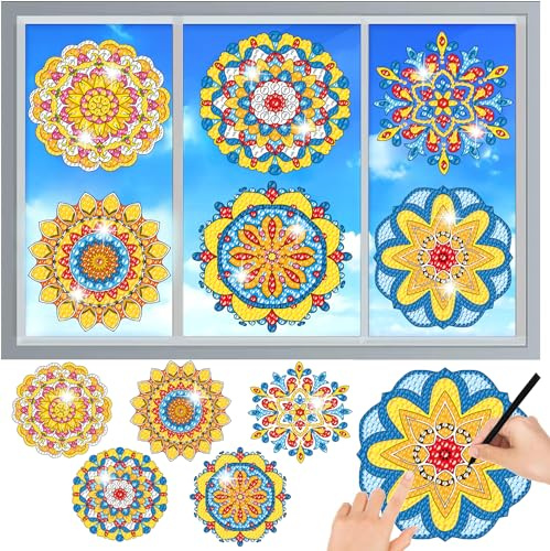 MEIEST 6 PCS Diamond Painting Kits for Suncatchers Mandala Art Stained Glass Window Clings, Mosaic Painting by Numbers,Window Film Static Clings 3D Decals,Art Craft Supplies (4)