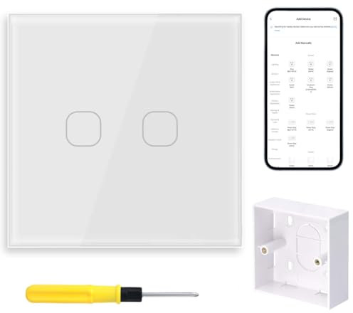 Acmerota Smart Light Switch 2 Gang 1 Way WiFi Touch Wall Light Switch Work with Alexa and for Google Home, Glass Panel Switch Control by Tuya Smart Life App, Neutral Wire Required