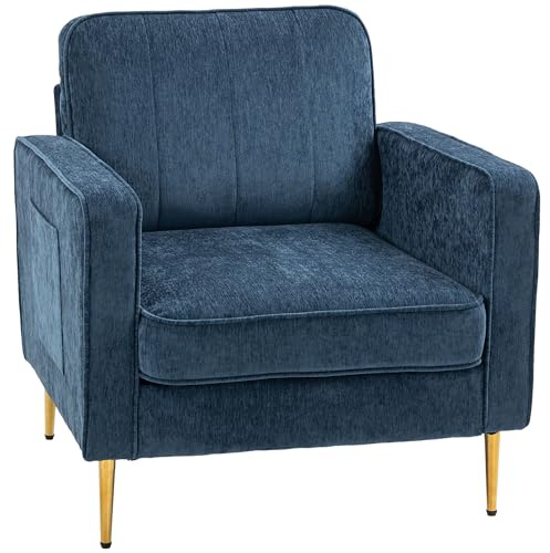 HOMCOM Canapé 1 Place avec Pieds en Acier doré, Grand Confort, Pochettes latérales, pour Salon, Bureau, Chambre, Bleu