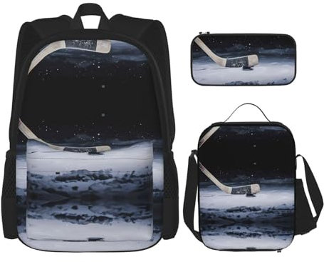 TRUKD Rucksack für Studenten, Husky-Hunde, für Schule, Jungen, Mädchen, Tagesrucksack, Federmäppchen, Lunch-Tasche, Kombination, Hockeyschläger, Einheitsgröße, Tagesrucksack