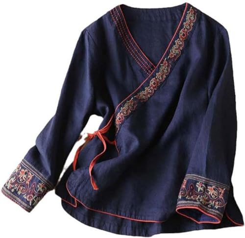 DSAoTeng Camisa tradicional para mujer, blusa vintage china de manga larga, traje de Hanfu Tang, ropa zen bordada, azul marino, L