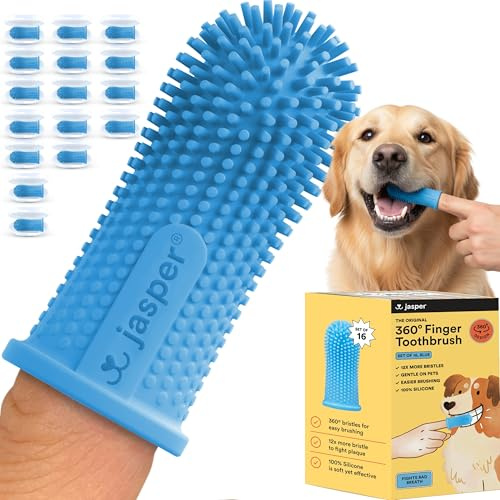Jasper Dog Toothbrush, 360° Finger Toothbrush for Dogs & Cats, Blue 16-Pack
