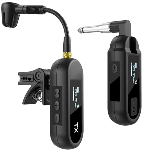 YXG Sistema de micrófono inalámbrico UHF para saxofón, micrófono de instrumento con clip para saxofón y trompeta, ecualizador preestablecido y nivel de eco, transmisión de 100 pies, transmisor