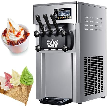 Commercial Ice Cream Maker Machine, 1200W 3-flavor Intelligent Digital Display Ice Cream Cone Machine, 18L/H Desktop Soft Ice Cream Machine for Restaurants, Parties, Hotels, Drink Shops