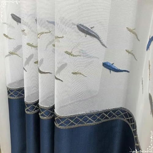 Beydodo Vorhänge Weiß Blau 2er Set mit Haken 102x138CM, Gardinen für Schienensystem mit Fische Motiv Nordisch Gardinenschals Halbtransparent für Wohnzimmer Schlafzimmer Küche