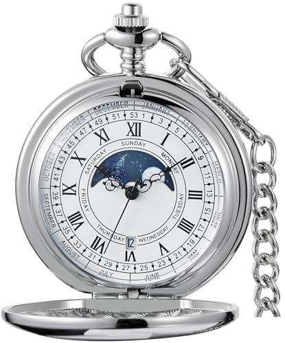 Tiong Smooth Steel Quartz with Calendar Moon Phase Dial Vintage Pocket Watch with Chain Quartz Men's Pocket Watch(Silver)