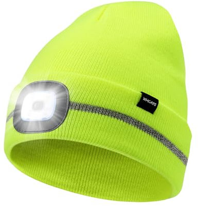 Wmcaps Mütze mit LED Licht, Wintermütze mit 4 LED Lampe, Wiederaufladbare Type-C Strickmütze mit Reflektierendem Lichtstreifen, Winter Warme Geschenke für Herren und Damen,Fluoreszierendes Gelb